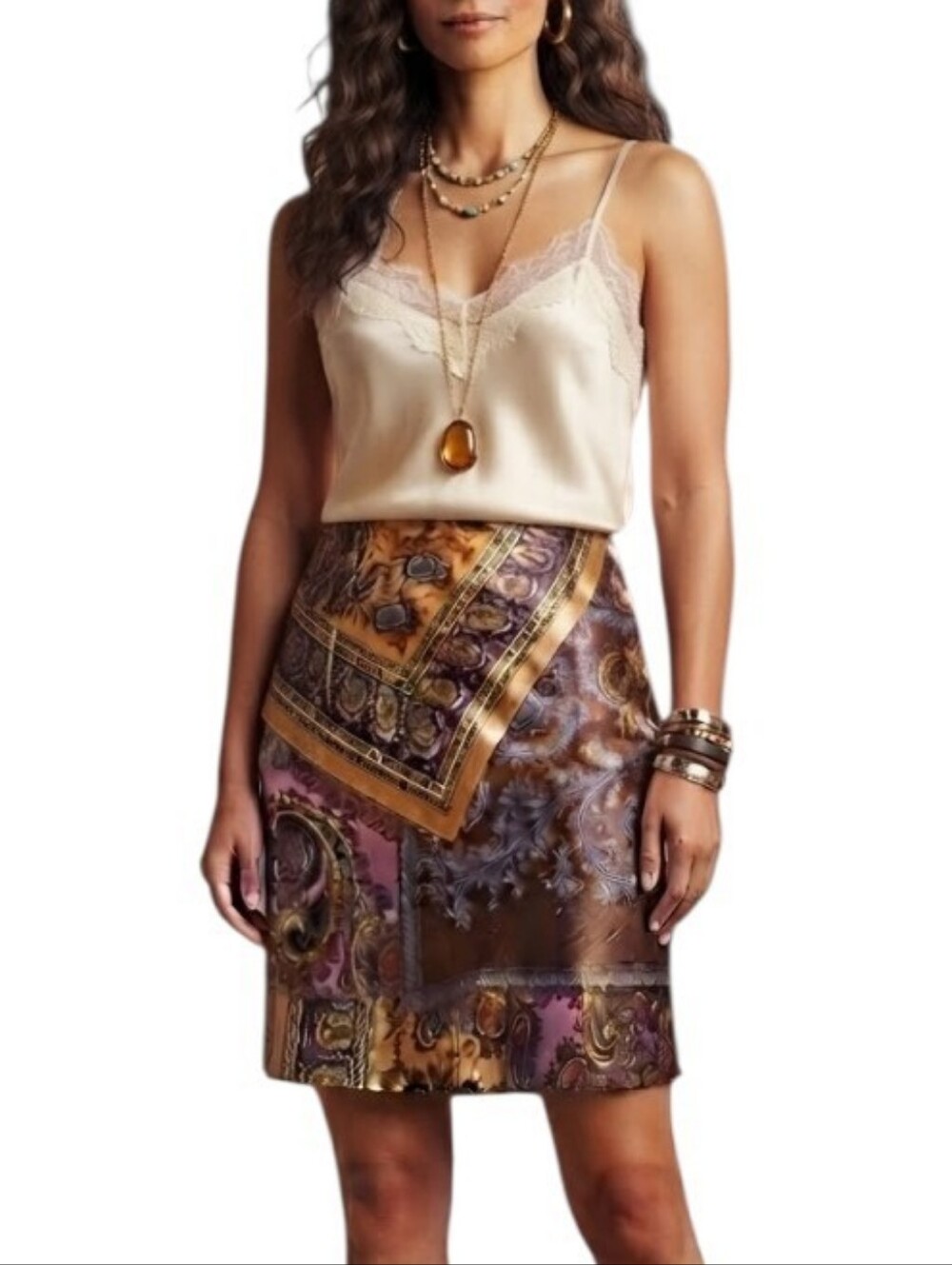Y2K Boho Paisley Patchwork Silk-Feel Midi Skirt Medium